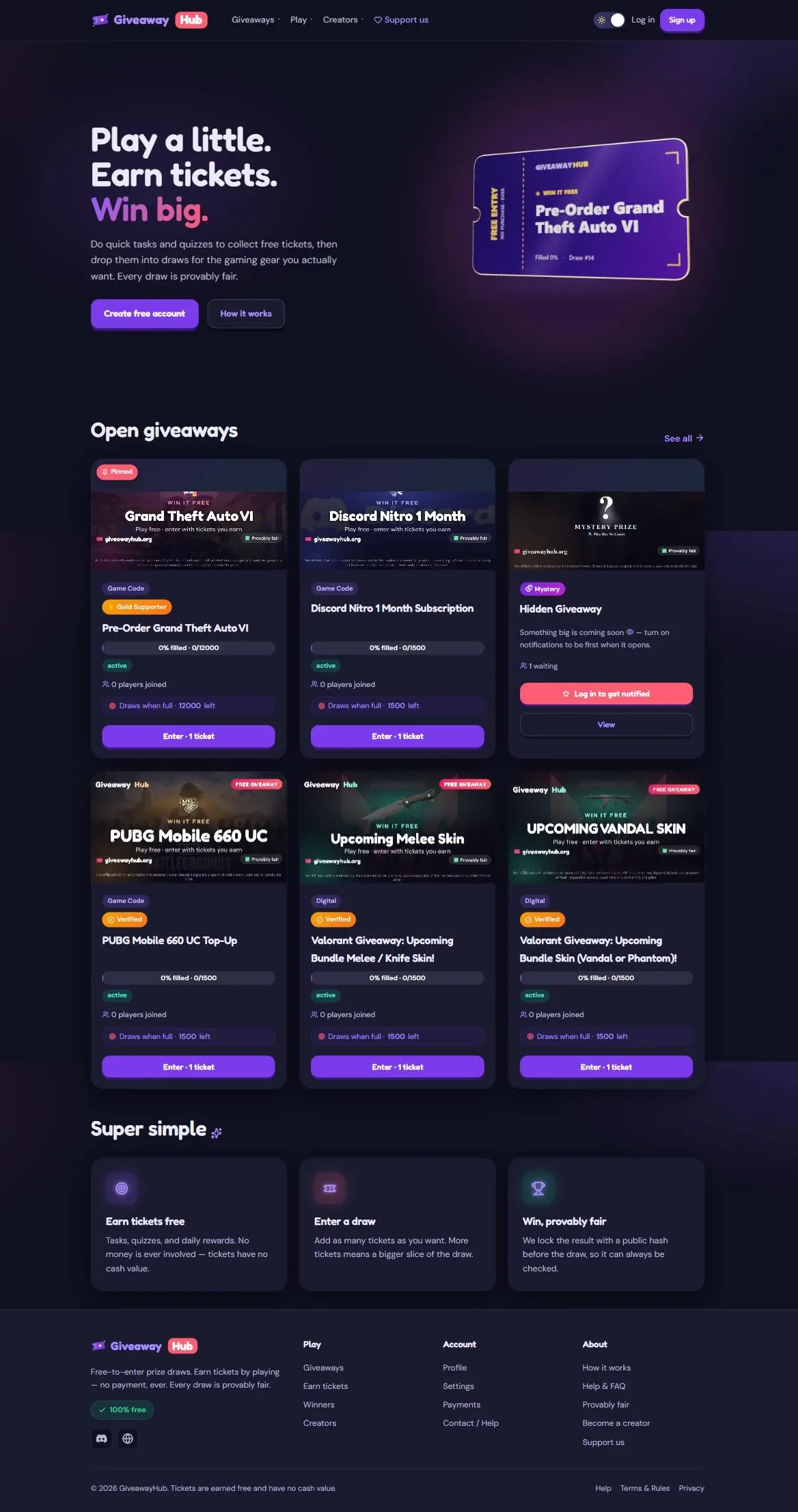 Full-page capture of giveawayhub.org, from the hero down to the footer.
